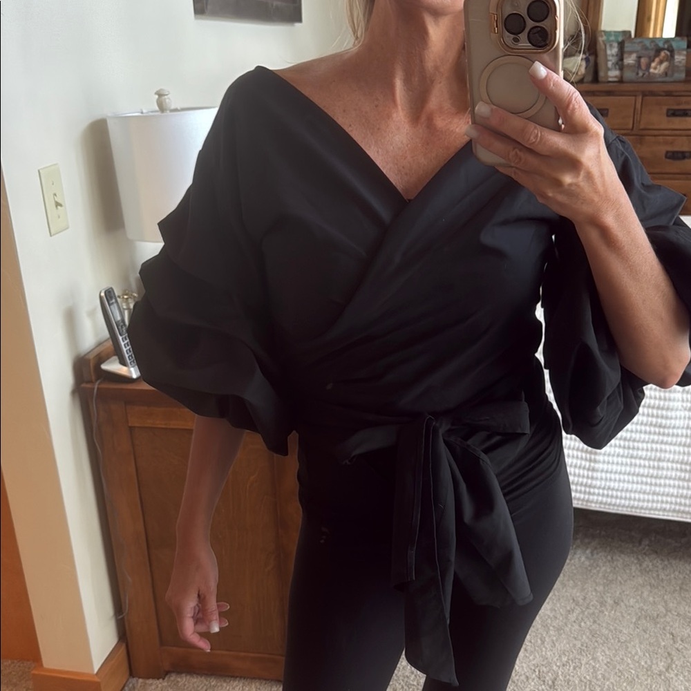 Black Wrap-Front Blouse with Tie Waist